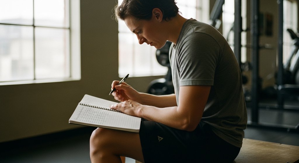 Eine Person sitzt nachdenklich mit einem Trainingstagebuch in einem Fitnessstudio und plant ihr nächstes Workout.
