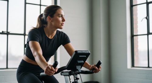 Eine sportliche Frau bei der aktiven Erholung auf einem Ergometer nach einem intensiven HIIT-Training.