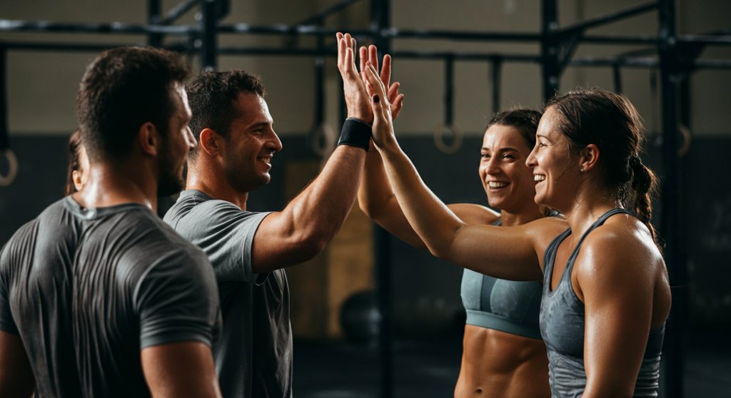 Eine diverse Crosstraining Community feiert ihren gemeinsamen Erfolg nach dem Workout.