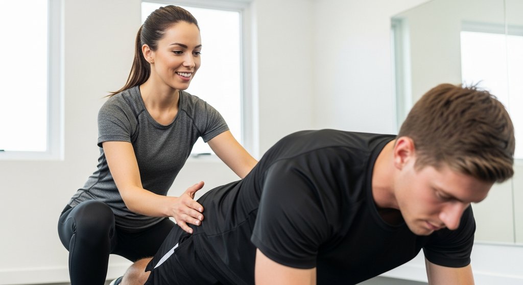 Trainerin korrigiert die Haltung eines Mannes bei einer HIIT Core Übung für die Rumpfstabilität.