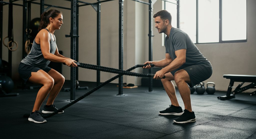 Fortgeschrittener Athlet bei einem komplexen HIIT mit Battle Ropes und Squats unter Anleitung.