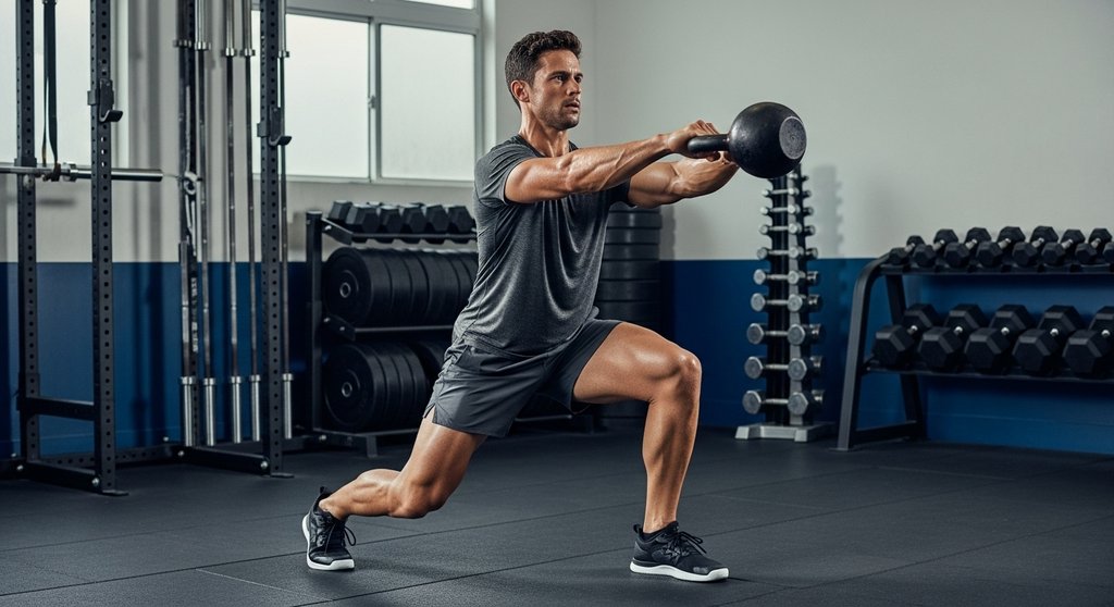 Fortgeschrittener Athlet, der 3-5 mal pro Woche Crosstraining macht, bei einer Kettlebell-Übung.