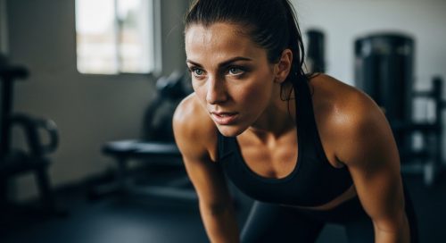 Frau atmet nach einem intensiven HIIT-Workout tief durch und zeigt sich entschlossen.