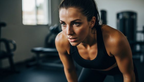 Frau atmet nach einem intensiven HIIT-Workout tief durch und zeigt sich entschlossen.
