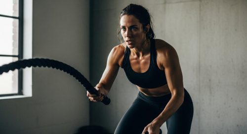 Frau bei einem intensiven HIIT Training mit Battle Ropes in einem Gym.