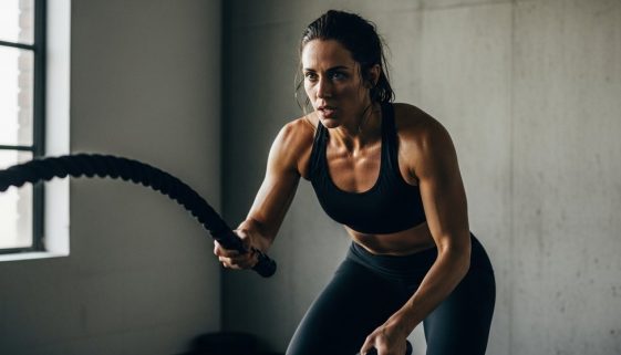 Frau bei einem intensiven HIIT Training mit Battle Ropes in einem Gym.