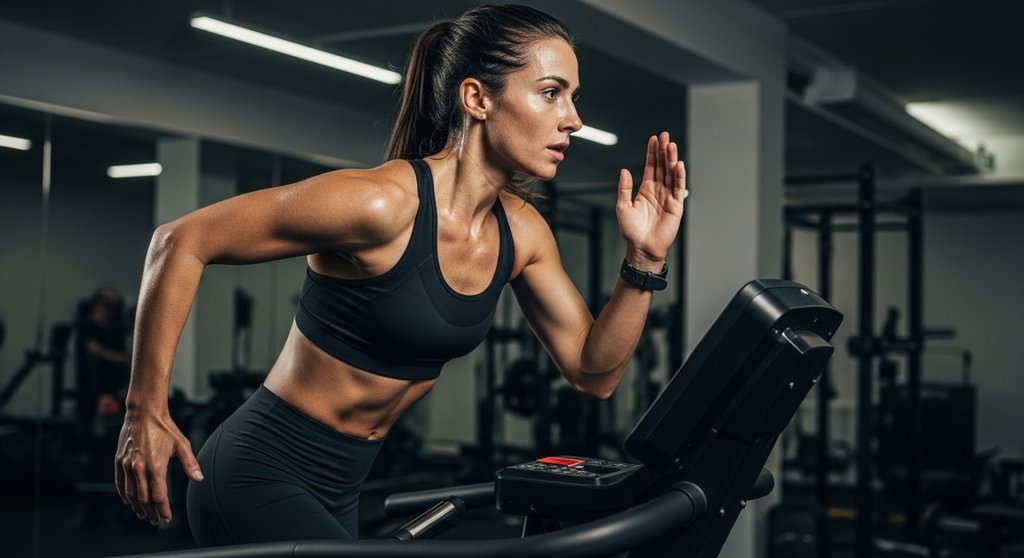 Frau maximiert den HIIT EPOC Effekt bei einem intensiven Sprint auf dem Laufband.