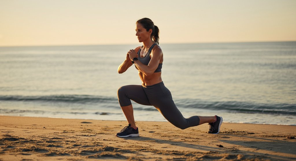 Frau beim Crosstraining im Urlaub macht Lunges am Strand bei Sonnenaufgang.