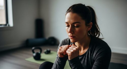 Frau bereitet sich mental auf ihr intensives HIIT Workout vor, um ihren Trainingsplan zu starten.
