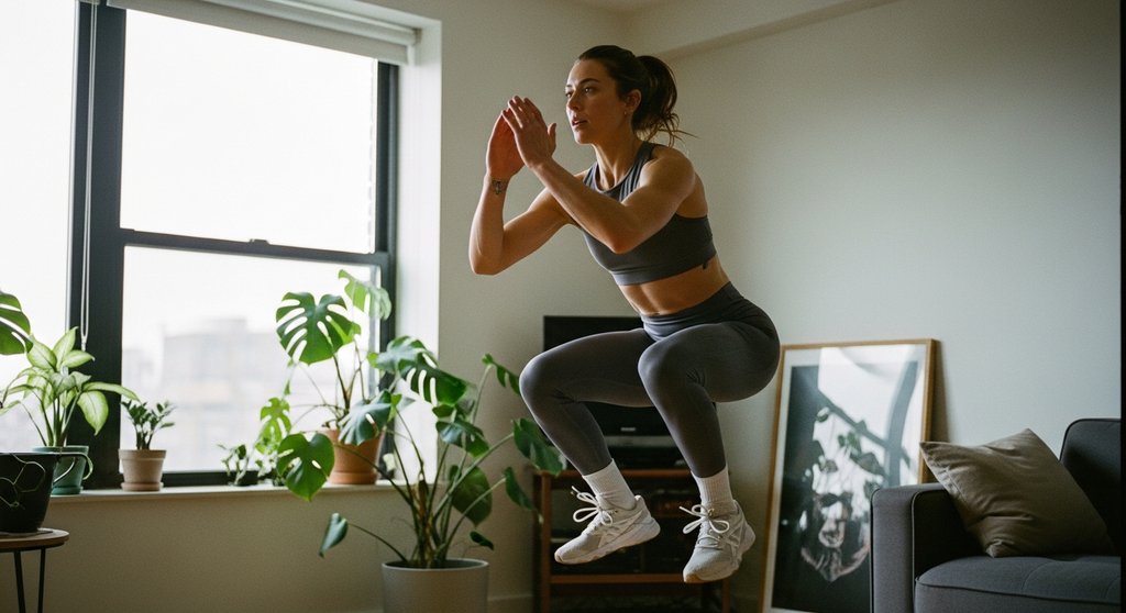 Einer der Vorteile von HIIT: Eine Frau macht ein effektives Workout mit Jump Squats zu Hause.