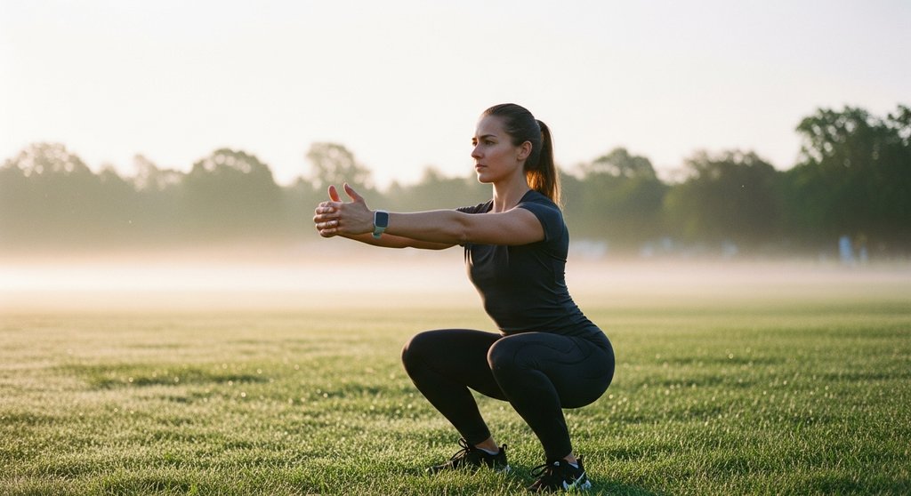 Frau bei einer anspruchsvollen Bodyweight-Übung für ihr Turbulence Training im Freien.