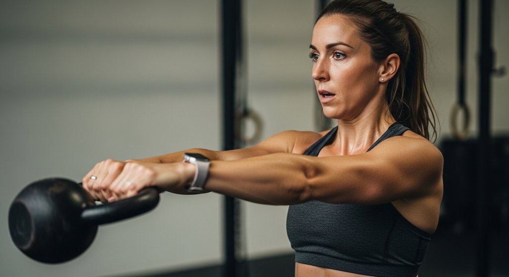 Frau führt Kettlebell Swing aus – eine Kernübung beim Crosstraining für Frauen.
