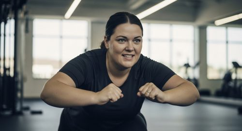 Frau mit starkem Übergewicht führt eine sichere HIIT-Übung zum Abnehmen durch.