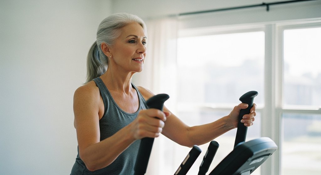 Ältere Frau beim sicheren Crosstraining im Alter zur Stärkung der Muskeln und des Gleichgewichts.