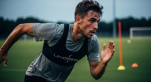 Fußballer beim intensiven HIIT-Ausdauertraining auf dem Spielfeld.