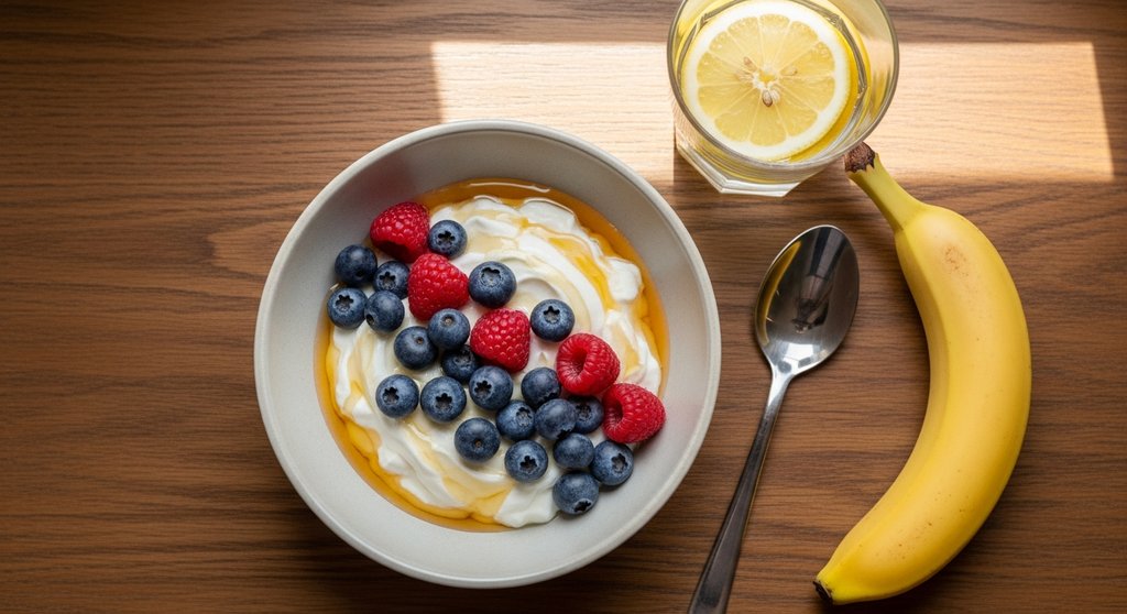 Gesunde Mahlzeit nach dem Training mit griechischem Joghurt, Beeren und Banane zur Regeneration.