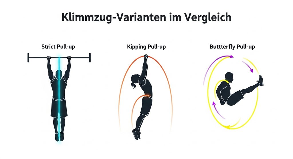 Grafik zeigt den elliptischen Bewegungspfad des Butterfly Pull-up im Vergleich zu Kipping und Strict.