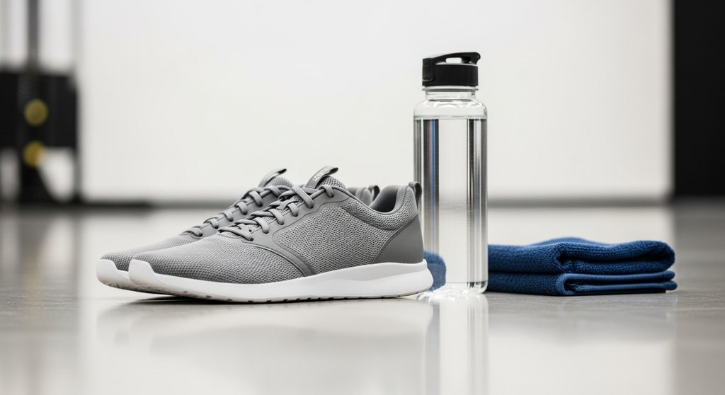 Sporttasche für die erste Cross-Training Stunde packen: Feste Schuhe, Handtuch und Wasserflasche.