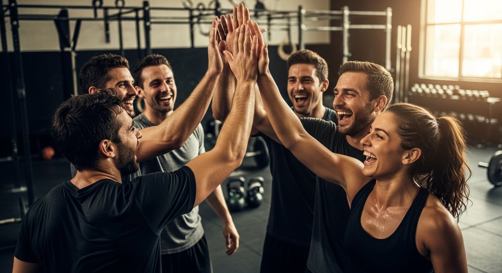 Sozialer Zusammenhalt als positiver Crosstraining Effekt: Gruppe feiert nach dem Workout.