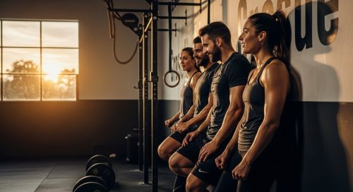 Gruppe von Athleten feiert gemeinsam nach Abschluss eines bekannten CrossFit Hero WODs.
