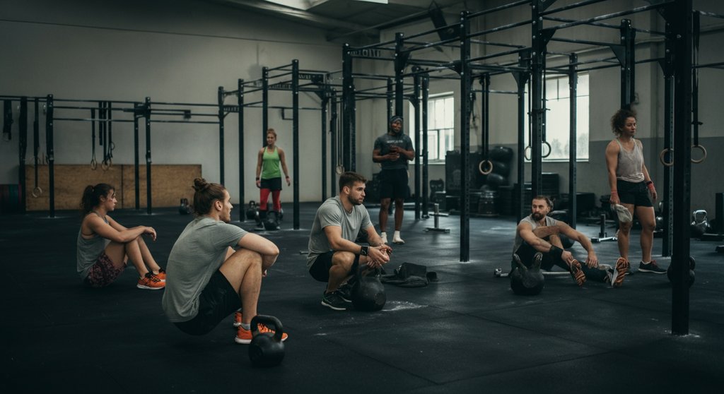 Gruppe von Athleten in einer CrossTraining Box, die Crosstraining Begriffe im Gespräch anwenden.