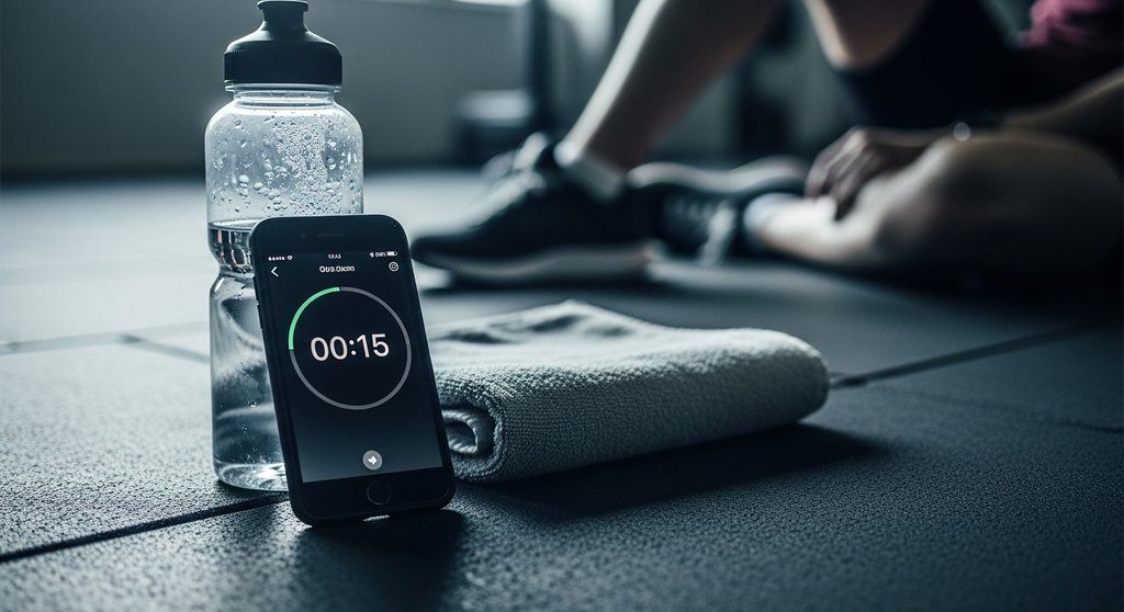Smartphone mit Timer-App für ein 15-Minuten HIIT Core Workout auf dem Boden liegend.