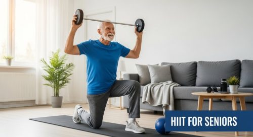 HIIT für Senioren: Ein Mann mittleren Alters trainiert und strahlt Energie aus. Editorial style photography of an elegant, energetic senior man (around 65 years old) in a bright, modern living room, smiling with a sense of accomplishment after a light workout. He is wearing stylish, comfortable sportswear. Soft, natural morning light streams through a large window, creating a warm and inviting atmosphere. The focus is on the person's joyful and empowered expression. Shot on a DSLR camera with a 50mm lens, slight depth of field, true-to-life colors, Kodak Portra 400 style, visible skin texture. → HIIT für Senioren: Ein fitter Senior strahlt nach seinem Workout zu Hause pure Lebensfreude aus.