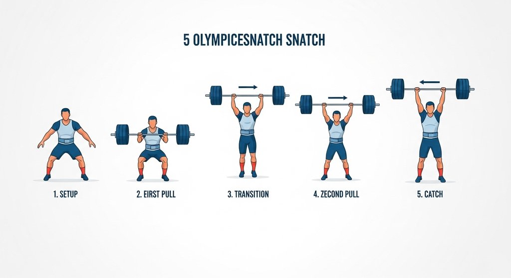 Infografik der 5 Phasen beim Reißen (Snatch) für Gewichtheben im Crosstraining.