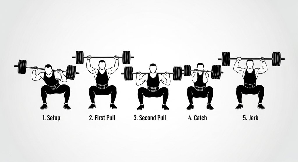 Infografik zeigt die 5 Phasen, um den Clean and Jerk zu lernen und die Technik zu verstehen.