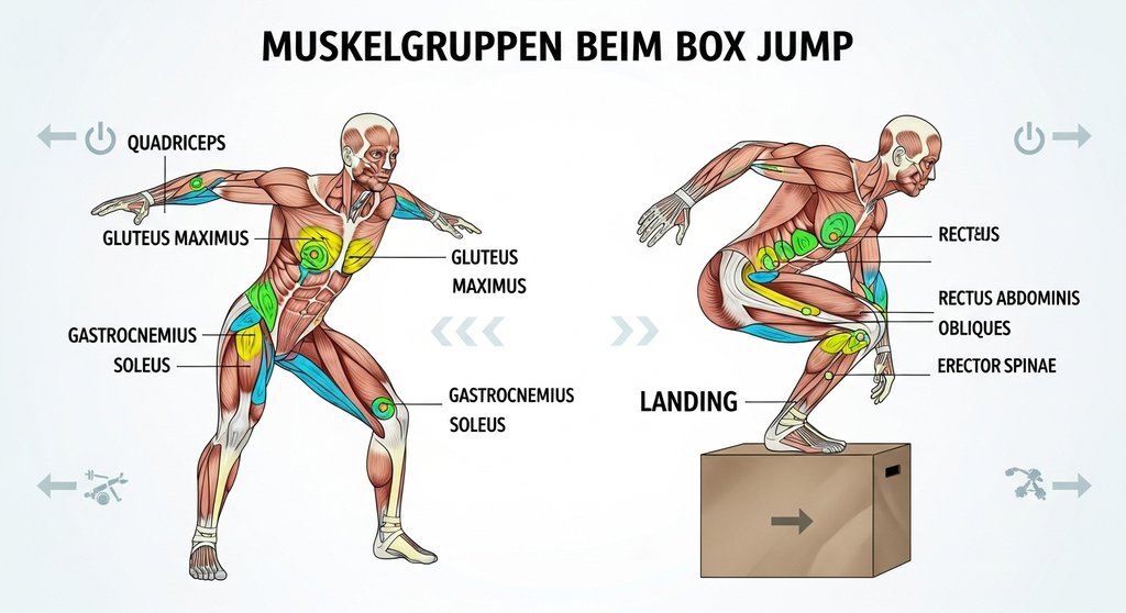 Infografik der beanspruchten Muskeln bei Box Jumps: Beine, Gesäß und Rumpf.
