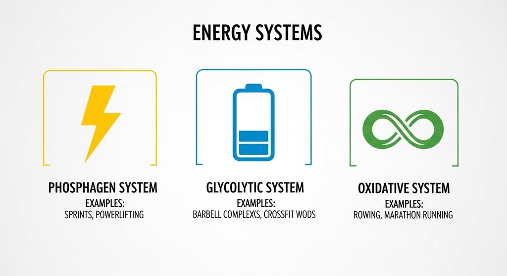 Infografik zu den 3 Energiesystemen (Phosphagen, Glykolytisch, Oxidativ) im Metcon Training.