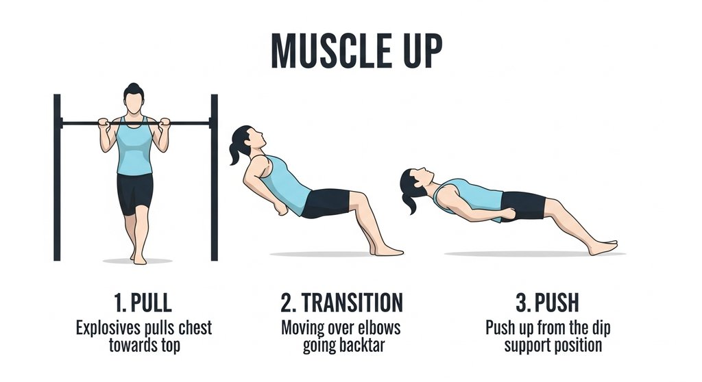 Infografik zeigt die 3 Phasen zum Muscle Up lernen: Pull (Zug), Transition (Übergang), Push (Druck).