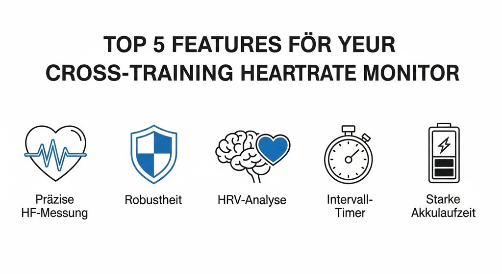 Infografik zeigt 5 Kernfunktionen einer Pulsuhr im Crosstraining, wie präzise HF-Messung und HRV.