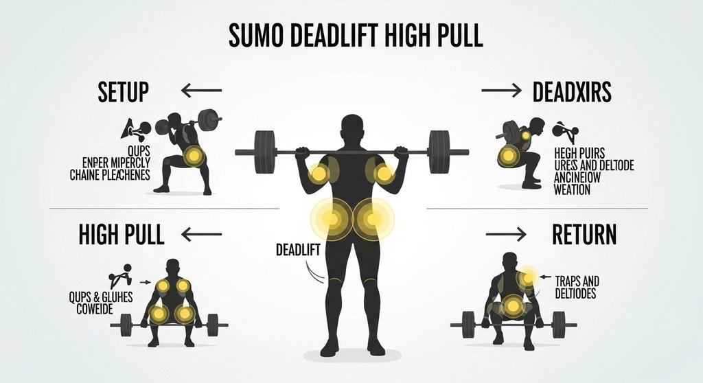 Infografik zur korrekten Ausführung des Sumo Deadlift High Pull in vier Phasen.