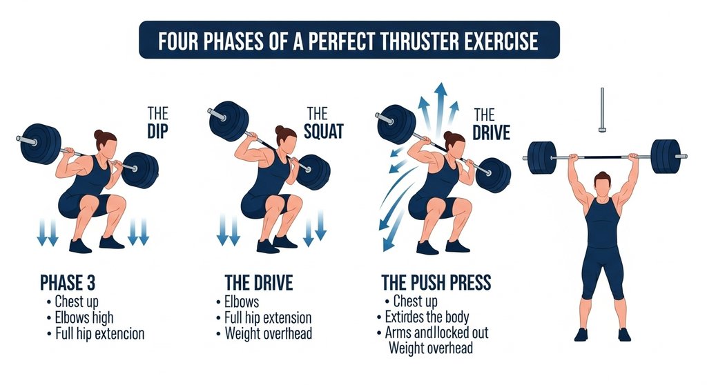 Infografik zur korrekten Ausführung der Thruster Übung in 4 Phasen von der Hocke bis zum Stoß.