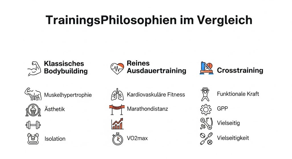 Infografik zum Crosstraining Vergleiche: Crosstraining vs. Bodybuilding und Ausdauertraining.