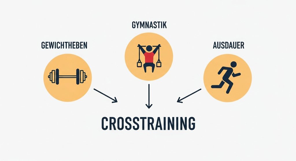 Infografik, die das Prinzip der Crosstraining Übungen aus Gewichtheben, Gymnastik und Ausdauer erklärt.