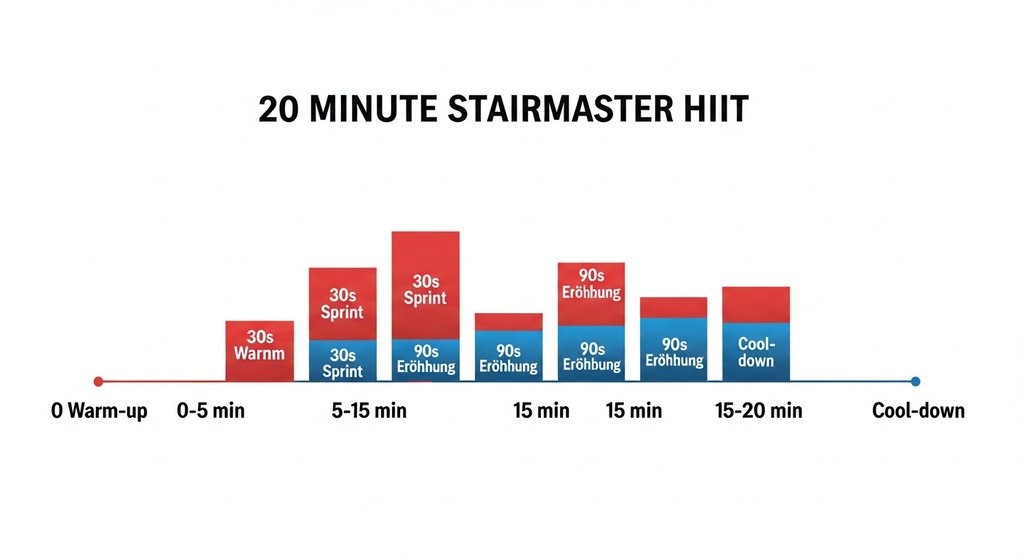 Infografik zum 20-Minuten HIIT auf dem Stairmaster: Warm-up, Intervalle und Cool-down.