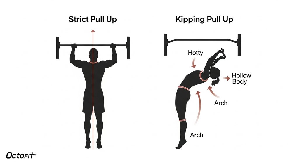 Infografik: Vergleich des Bewegungsablaufs von Strict Pull Up vs. Kipping Pull Up.