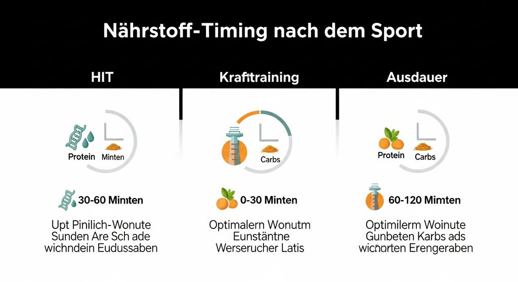 Infografik, die den optimalen Zeitpunkt und die Nährstoffverteilung für Mahlzeiten nach HIIT, Krafttraining und Ausdauersport vergleicht.