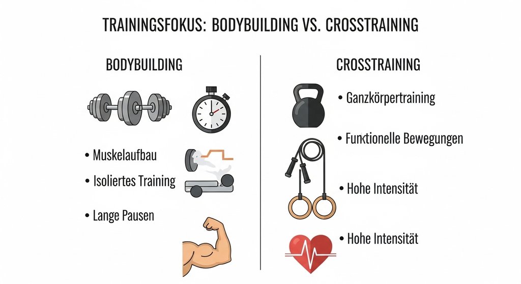 Infografik zum Vergleich CrossTraining vs Bodybuilding: Isolation vs. Vielseitigkeit.