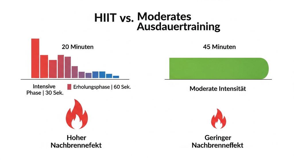 Infografik zu den HIIT Vorteilen: Vergleich von Nachbrenneffekt bei HIIT vs. moderatem Training.