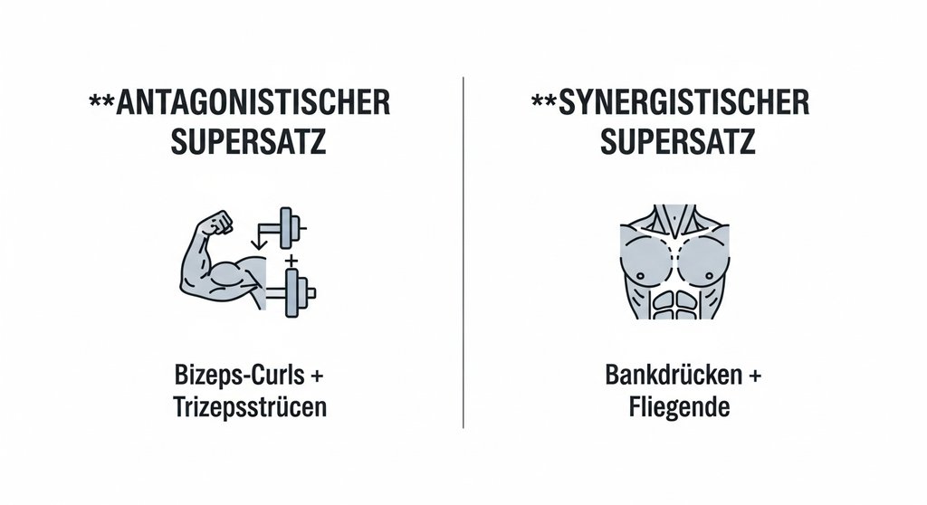 Infografik erklärt antagonistische vs. synergistische Supersätze in einem Trainingsplan.