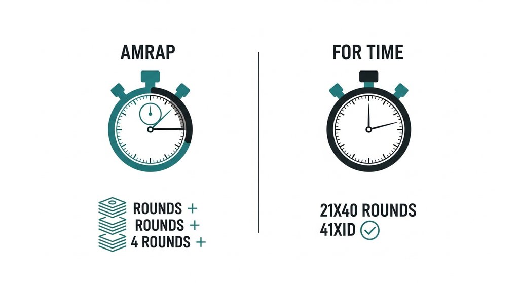 Infografik, die die Crosstraining Workout-Typen AMRAP und For Time vergleicht.