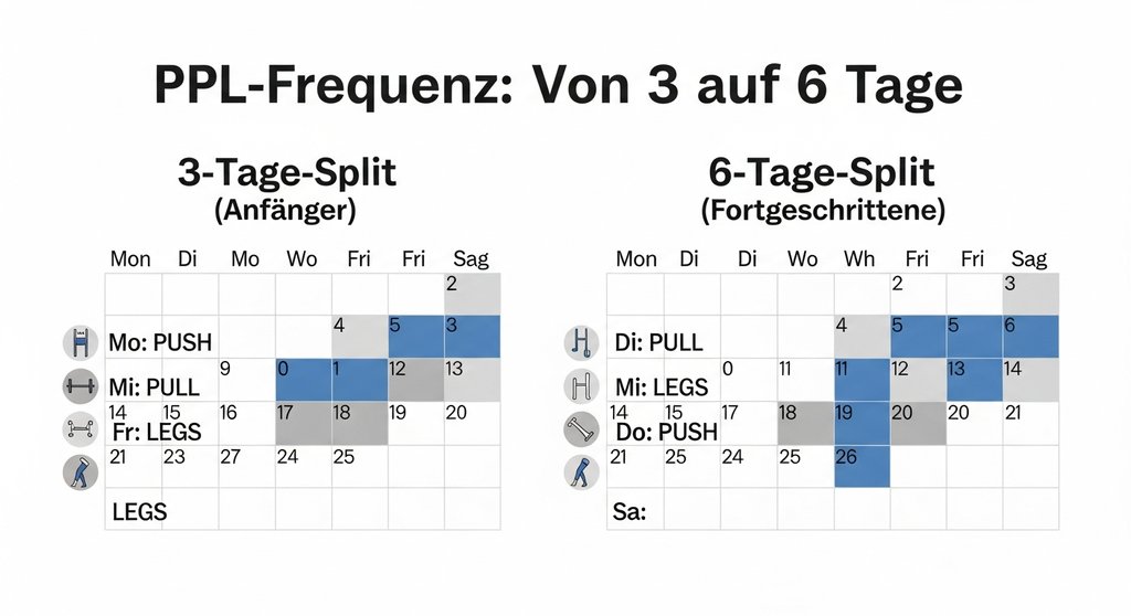 Infografik: Vergleich eines 3-Tage- und 6-Tage-Push-Pull-Beine-Trainingsplans für Progression.