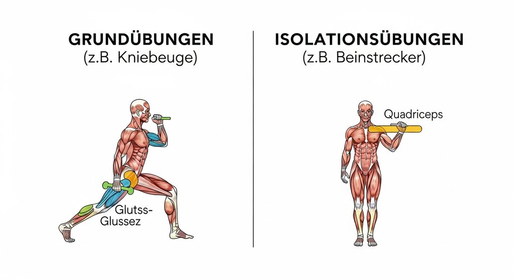 Infografik zum Unterschied von Grundübungen und Isolationsübungen in einem Trainingsplan.