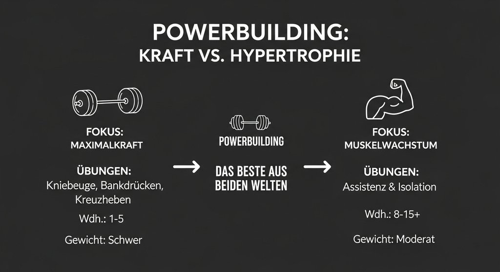 Infografik erklärt Powerbuilding: die Kombination aus Powerlifting und Bodybuilding in einem Trainingsplan.