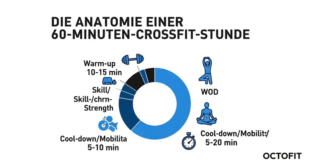 Infografik zur Dauer einer CrossFit Einheit: 60 Minuten mit Warm-up, WOD, Cool-down.