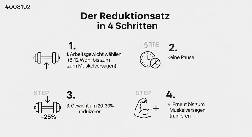 Infografik zur Ausführung von Reduktionssätzen in 4 Schritten für effektiven Muskelaufbau.