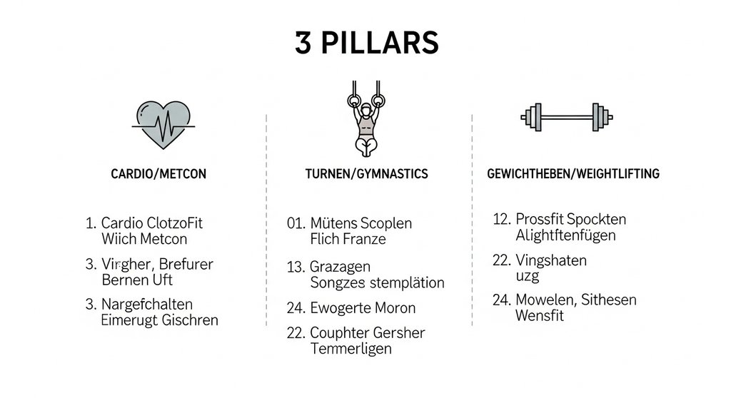 Infografik der 3 Säulen des Crosstrainings als Basis für einen effektiven Trainingsplan.